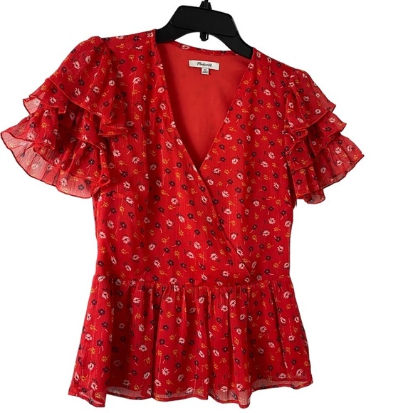 Madewell Floral Tiered Sleeves Peplum Top. Shimmery Red Sz 00 - Picture 4 of 12